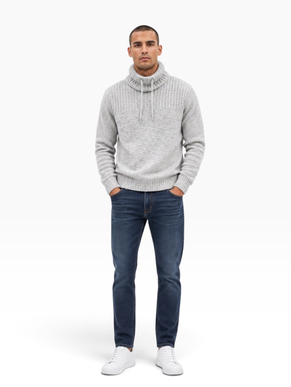 Turtleneck Cable-Knit Sweater - Light Gray